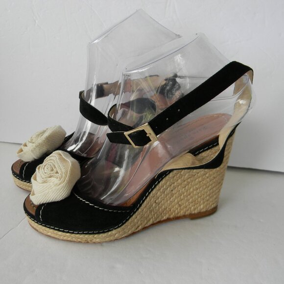 Kate Spade BRIT Black Cream Flower  Suede ESPADRILLE Wedge Sandals SZ 7 - Picture 3 of 10